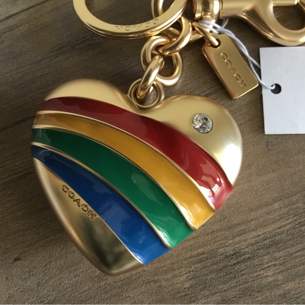 Coach Heart Bag Charm Keyring Rainbow Striped Legacy w/Crystal Accent NWT in Box - Picture 2 of 5